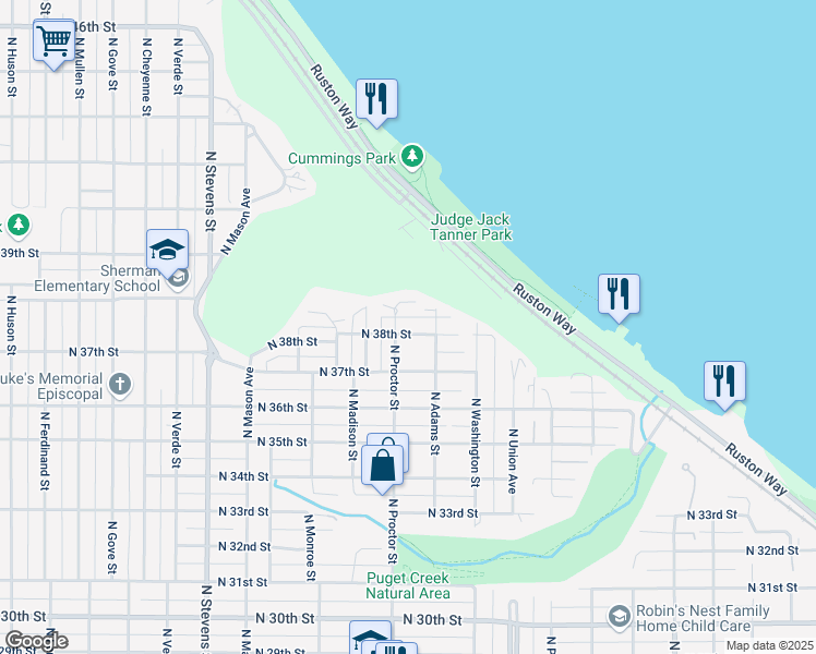 map of restaurants, bars, coffee shops, grocery stores, and more near 3823 North Proctor Street in Tacoma