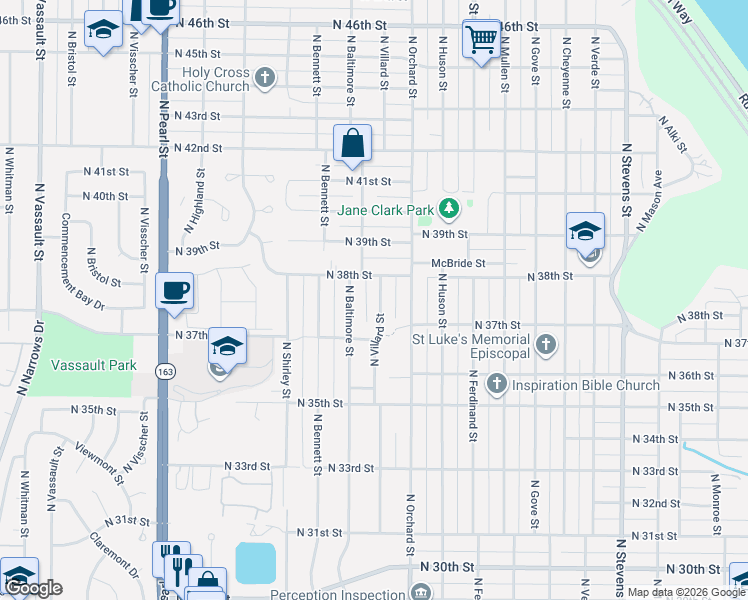 map of restaurants, bars, coffee shops, grocery stores, and more near 3732 North Villard Street in Tacoma