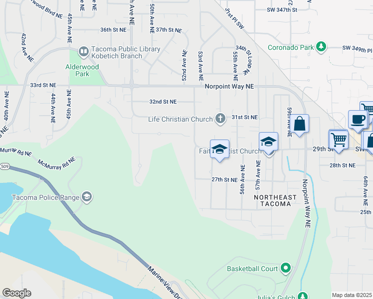 map of restaurants, bars, coffee shops, grocery stores, and more near 2744 53rd Avenue Northeast in Tacoma