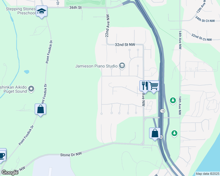 map of restaurants, bars, coffee shops, grocery stores, and more near 2534 21st Avenue Court Northwest in Gig Harbor