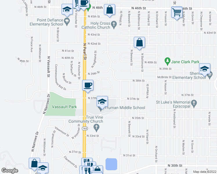 map of restaurants, bars, coffee shops, grocery stores, and more near 3818 North Winnifred Street in Tacoma