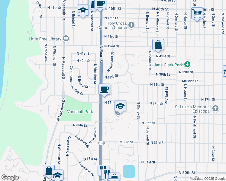 map of restaurants, bars, coffee shops, grocery stores, and more near 3815 North Pearl Street in Tacoma