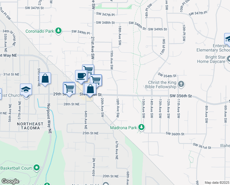 map of restaurants, bars, coffee shops, grocery stores, and more near 1801 Southwest 355th Place in Federal Way
