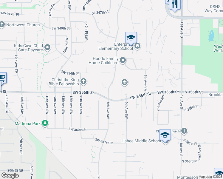 map of restaurants, bars, coffee shops, grocery stores, and more near 718 Southwest 356th Place in Federal Way