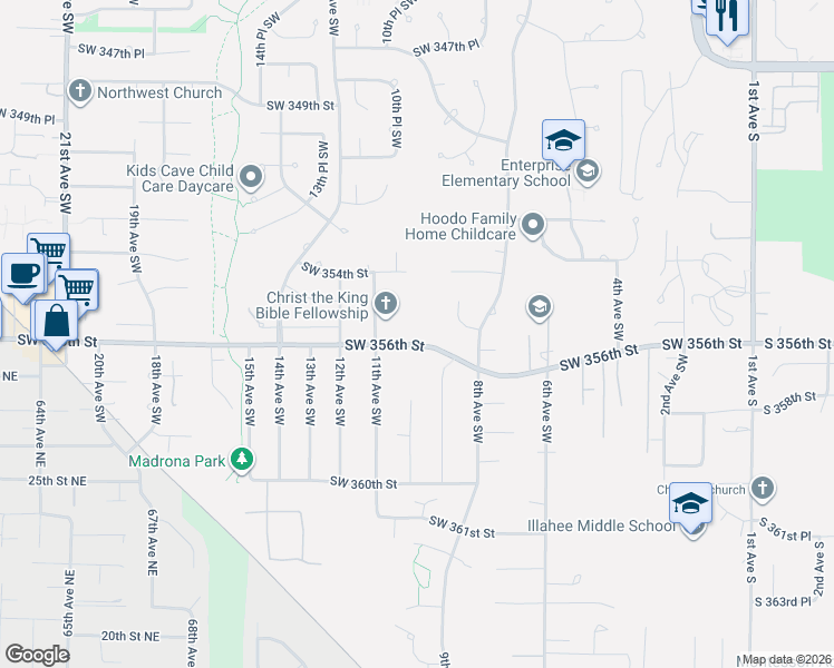 map of restaurants, bars, coffee shops, grocery stores, and more near 930 Southwest 356th Street in Federal Way