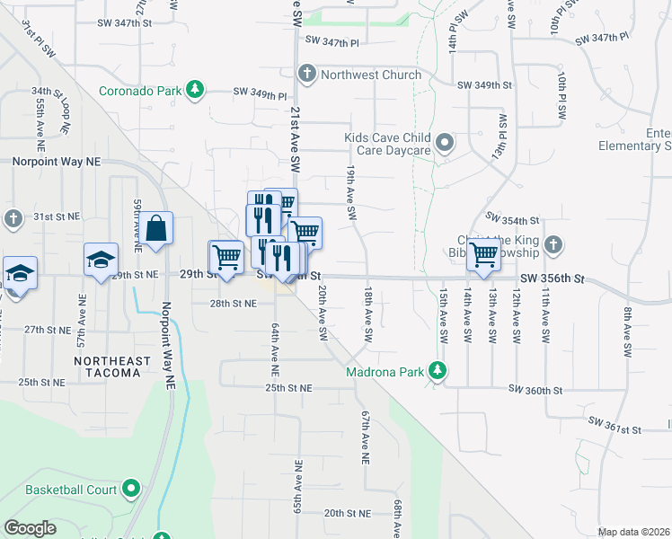 map of restaurants, bars, coffee shops, grocery stores, and more near 1833 Southwest 355th Place in Federal Way