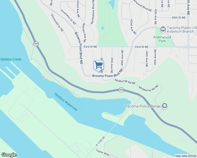 map of restaurants, bars, coffee shops, grocery stores, and more near 1140 Browns Point Boulevard Northeast in Tacoma