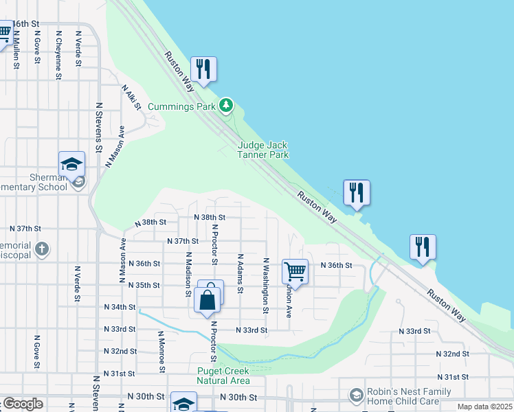 map of restaurants, bars, coffee shops, grocery stores, and more near 3712 North 39th Street in Tacoma
