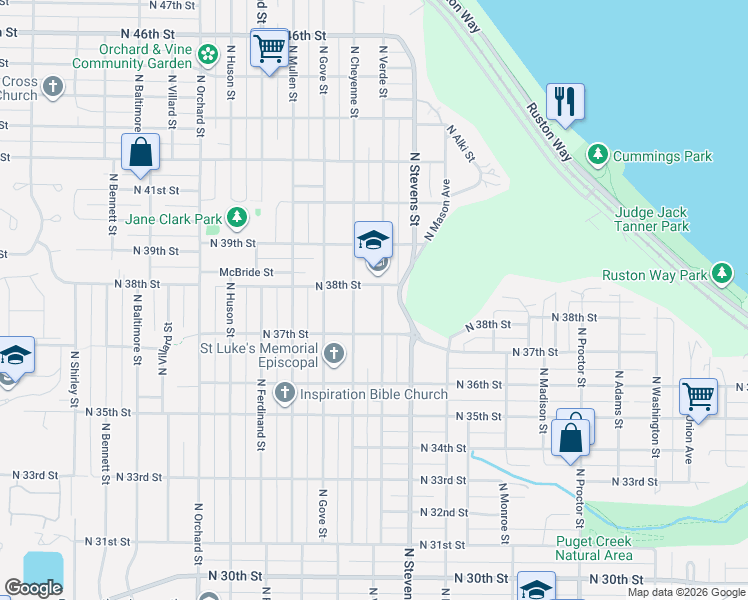 map of restaurants, bars, coffee shops, grocery stores, and more near 3726 North Verde Street in Tacoma