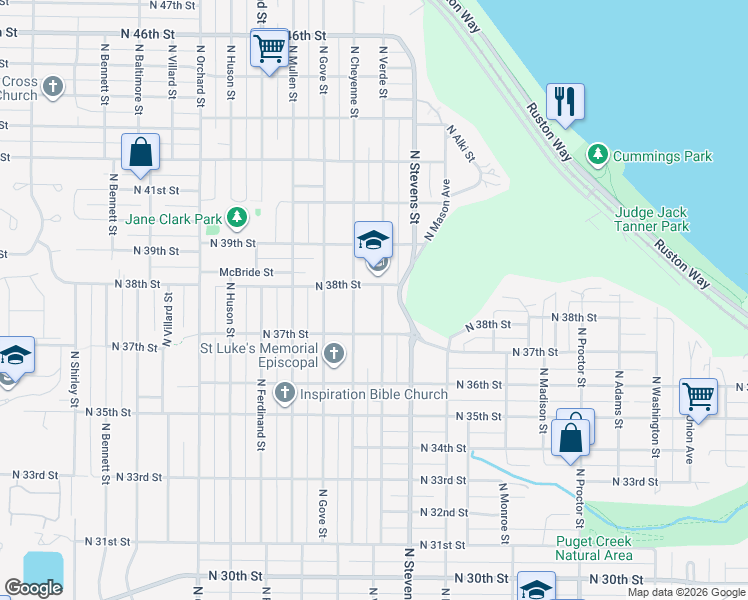 map of restaurants, bars, coffee shops, grocery stores, and more near 3726 North Verde Street in Tacoma