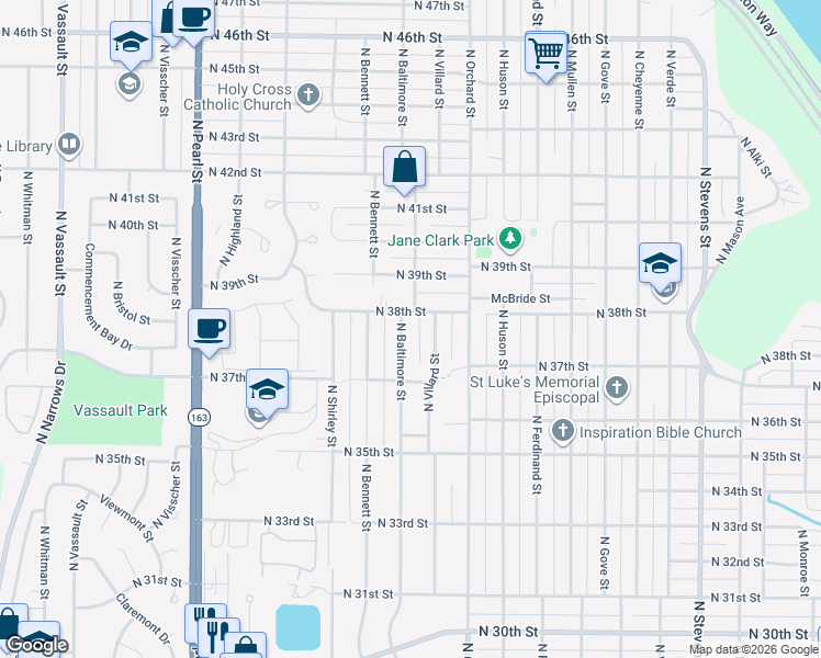 map of restaurants, bars, coffee shops, grocery stores, and more near 3738 North Baltimore Street in Tacoma