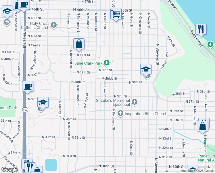 map of restaurants, bars, coffee shops, grocery stores, and more near 3725 North Huson Street in Tacoma