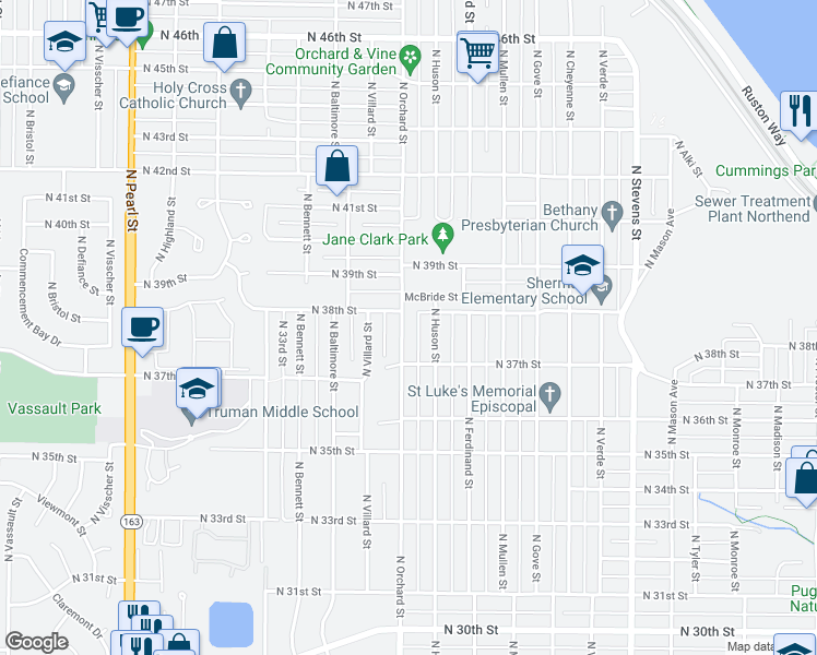 map of restaurants, bars, coffee shops, grocery stores, and more near 3727 North Orchard Street in Tacoma