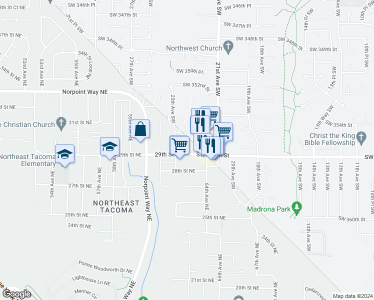 map of restaurants, bars, coffee shops, grocery stores, and more near 6215 29th Street Northeast in Tacoma