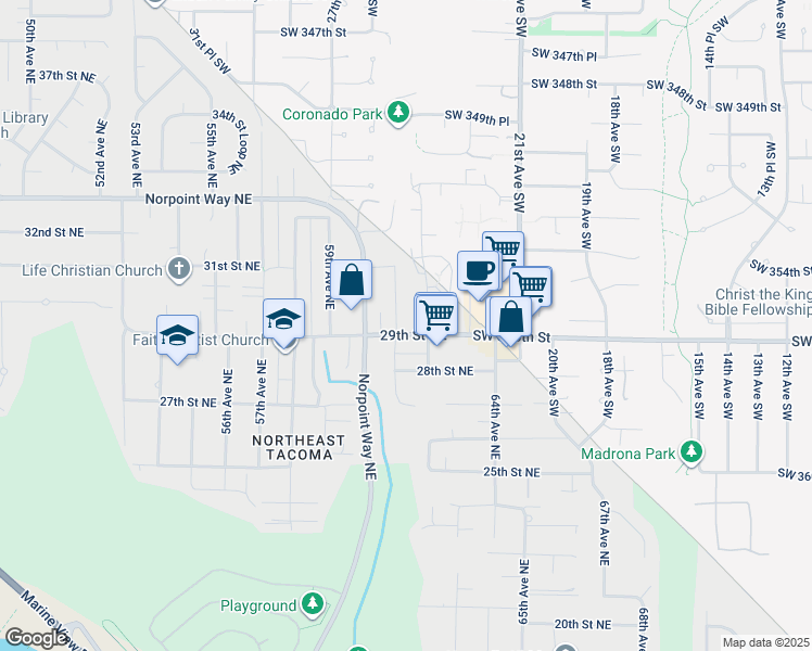 map of restaurants, bars, coffee shops, grocery stores, and more near 6101 29th Street Northeast in Tacoma