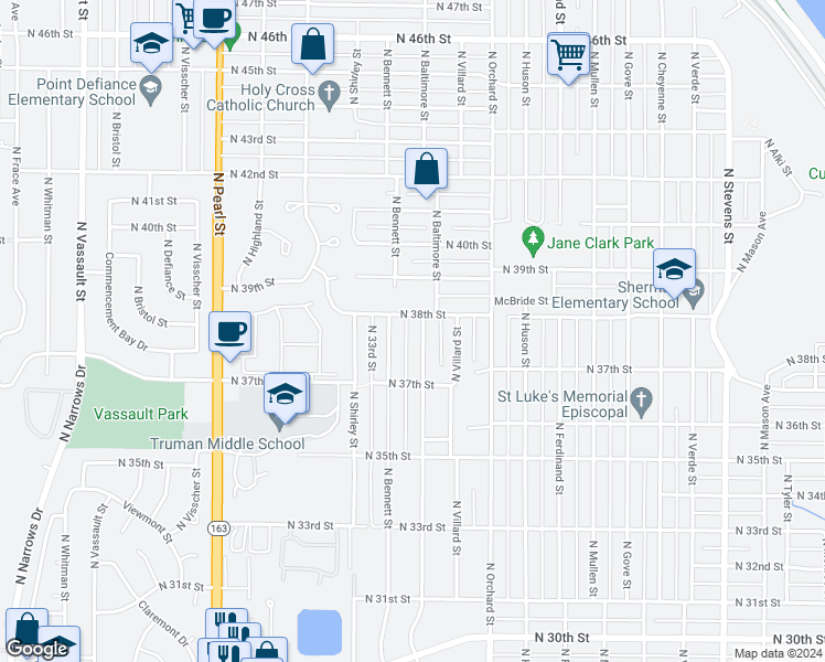 map of restaurants, bars, coffee shops, grocery stores, and more near 3738 North Baltimore Street in Tacoma