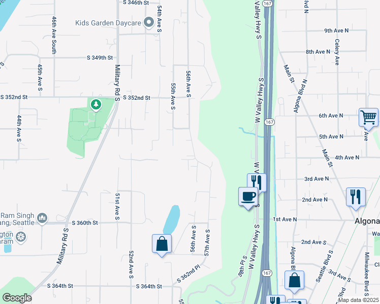 map of restaurants, bars, coffee shops, grocery stores, and more near 35523 56th Avenue South in Auburn