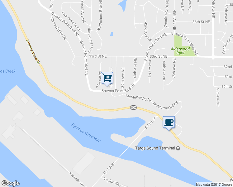 map of restaurants, bars, coffee shops, grocery stores, and more near 1110 Browns Point Boulevard Northeast in Tacoma