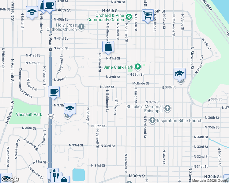 map of restaurants, bars, coffee shops, grocery stores, and more near 3740 North Villard Street in Tacoma