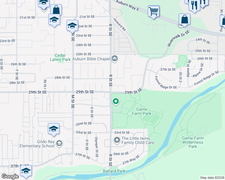 map of restaurants, bars, coffee shops, grocery stores, and more near 2820 R Street Southeast in Auburn