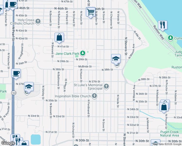 map of restaurants, bars, coffee shops, grocery stores, and more near 3727 North Ferdinand Street in Tacoma