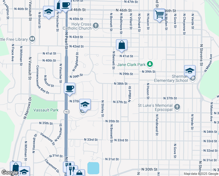 map of restaurants, bars, coffee shops, grocery stores, and more near 3738 North Bennett Street in Tacoma
