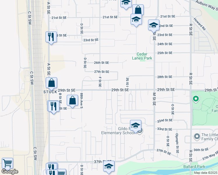 map of restaurants, bars, coffee shops, grocery stores, and more near 607 29th Street Southeast in Auburn