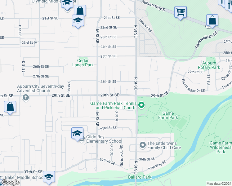 map of restaurants, bars, coffee shops, grocery stores, and more near 1321 29th Street Southeast in Auburn