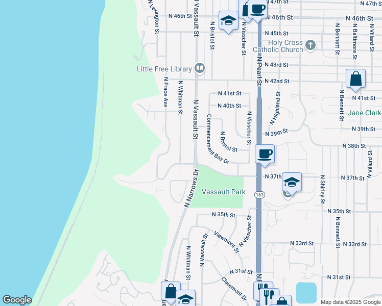 map of restaurants, bars, coffee shops, grocery stores, and more near 3712 North Vassault Street in Tacoma