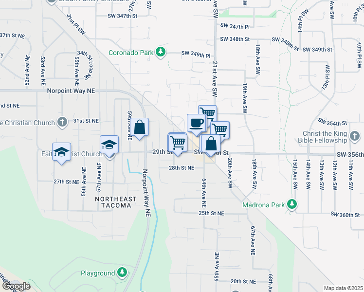 map of restaurants, bars, coffee shops, grocery stores, and more near 6215 29th Street Northeast in Tacoma