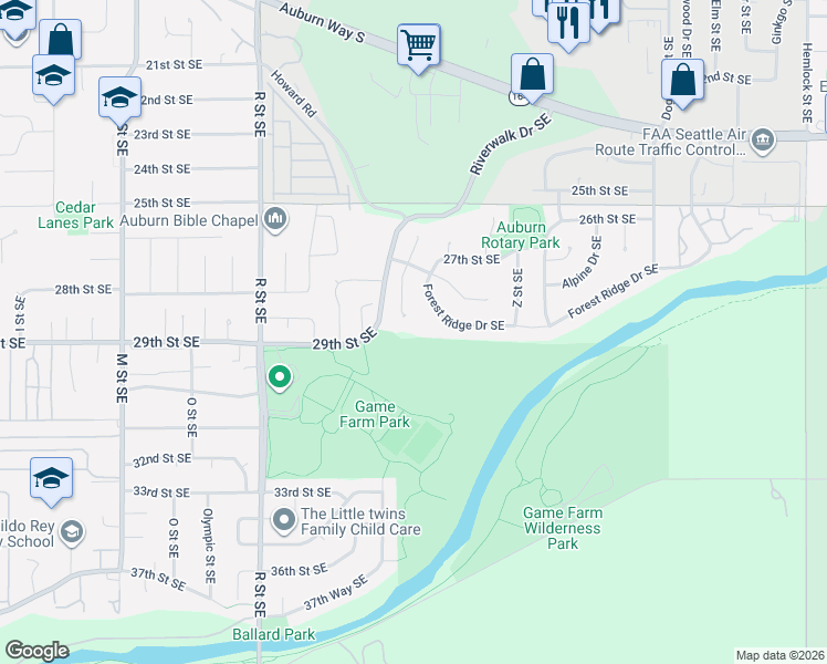 map of restaurants, bars, coffee shops, grocery stores, and more near 2836 V Court Southeast in Auburn
