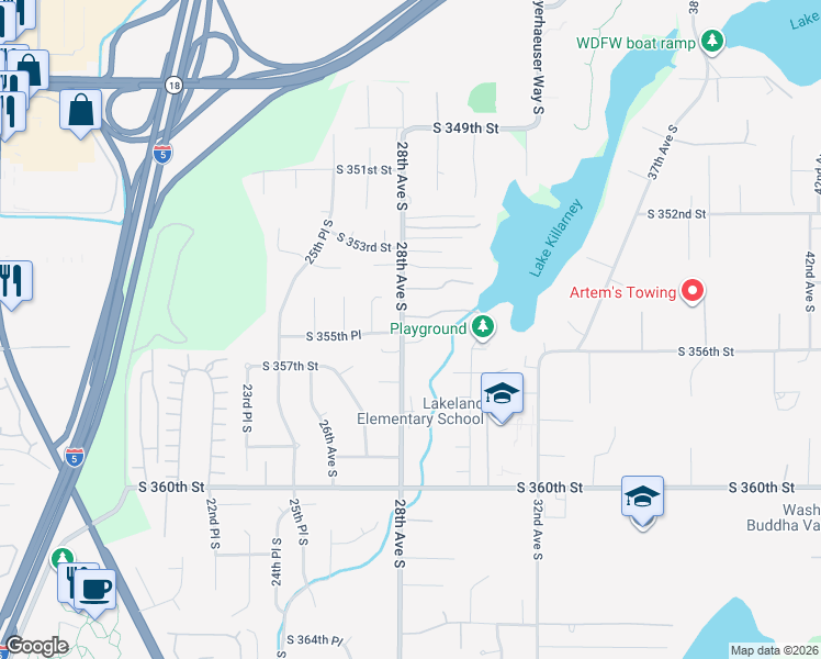 map of restaurants, bars, coffee shops, grocery stores, and more near 35512 28th Avenue South in Federal Way