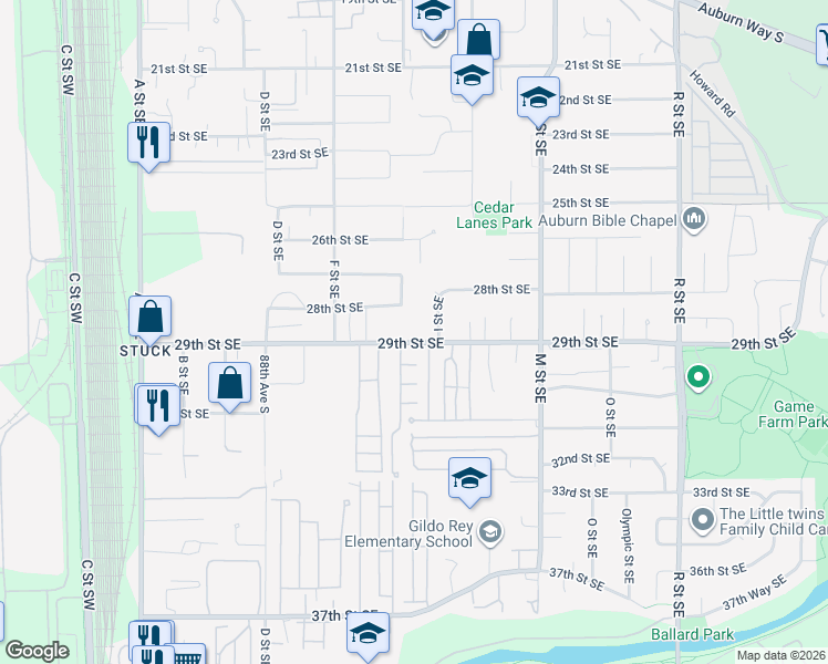 map of restaurants, bars, coffee shops, grocery stores, and more near 803 29th Street Southeast in Auburn