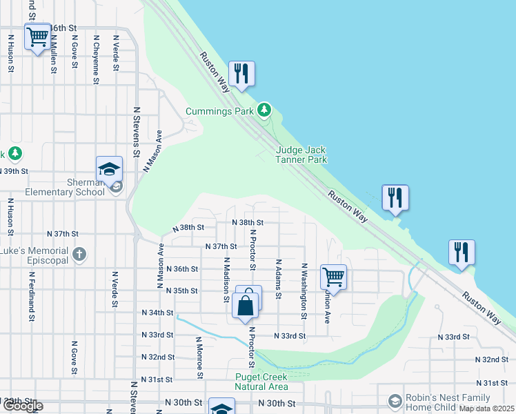 map of restaurants, bars, coffee shops, grocery stores, and more near 3823 N Proctor St in Tacoma