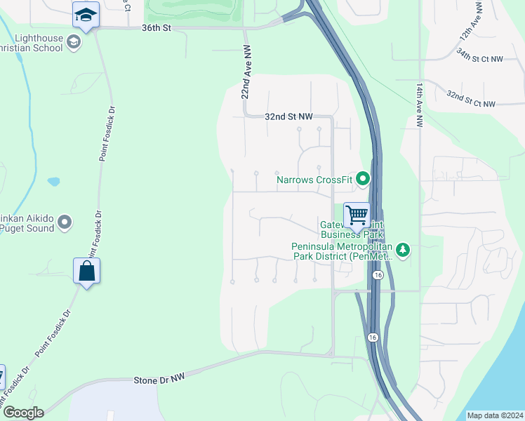 map of restaurants, bars, coffee shops, grocery stores, and more near 2534 21st Avenue Court Northwest in Gig Harbor
