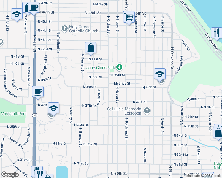 map of restaurants, bars, coffee shops, grocery stores, and more near 3731 North Orchard Street in Tacoma