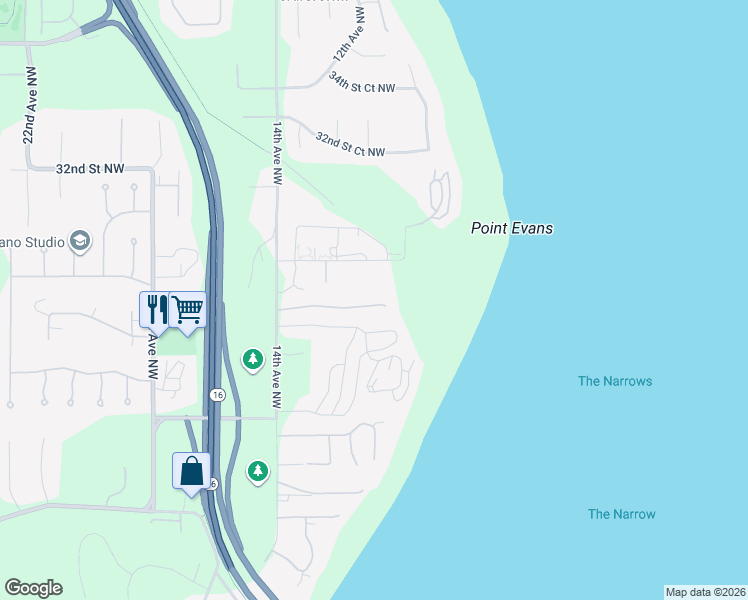 map of restaurants, bars, coffee shops, grocery stores, and more near 1106 27th Street Court Northwest in Gig Harbor