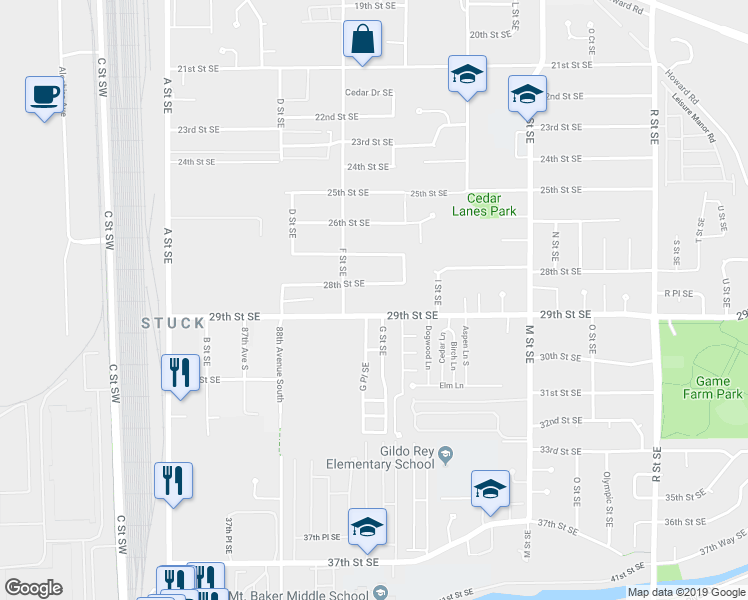 map of restaurants, bars, coffee shops, grocery stores, and more near 607 29th Street Southeast in Auburn