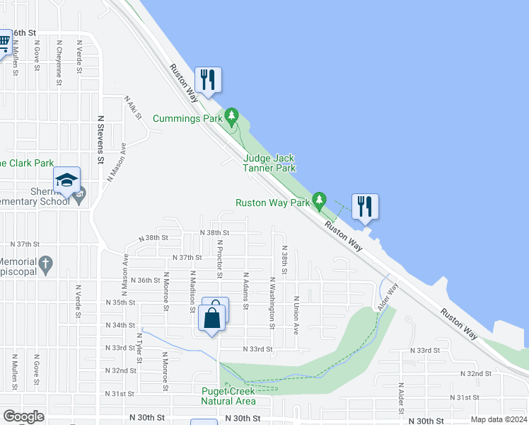 map of restaurants, bars, coffee shops, grocery stores, and more near 3712 North 39th Street in Tacoma