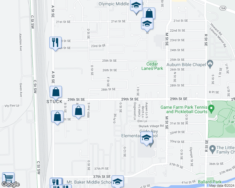 map of restaurants, bars, coffee shops, grocery stores, and more near 607 29th Street Southeast in Auburn