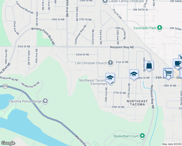map of restaurants, bars, coffee shops, grocery stores, and more near 2744 53rd Avenue Northeast in Tacoma