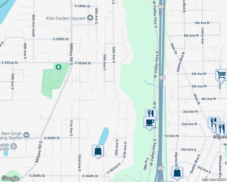 map of restaurants, bars, coffee shops, grocery stores, and more near 35523 56th Avenue South in Auburn