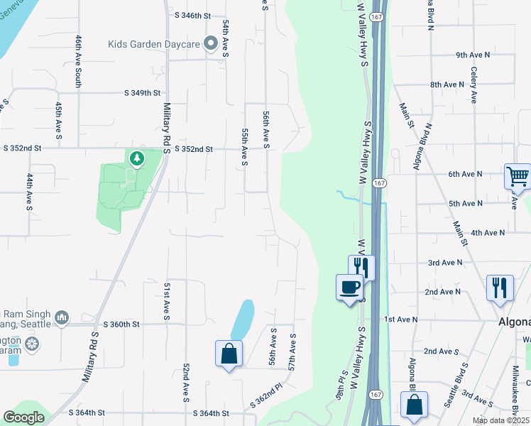map of restaurants, bars, coffee shops, grocery stores, and more near 35523 56th Avenue South in Auburn