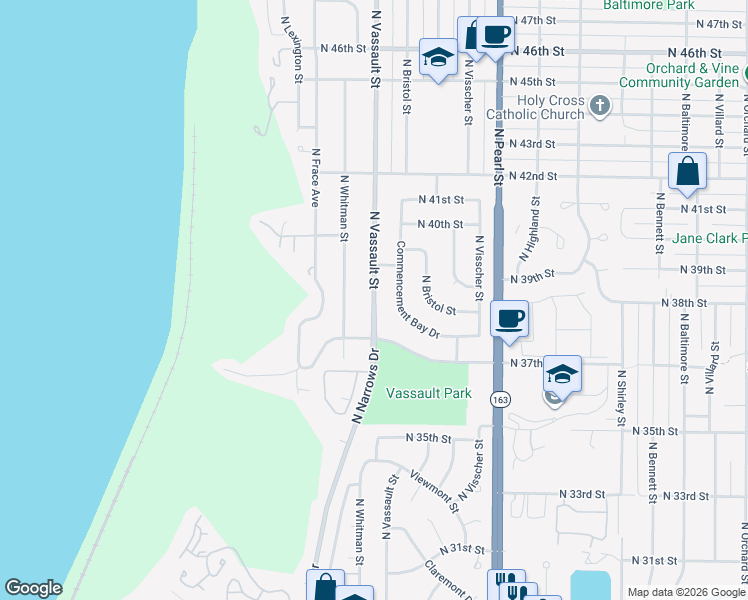 map of restaurants, bars, coffee shops, grocery stores, and more near 3712 North Vassault Street in Tacoma