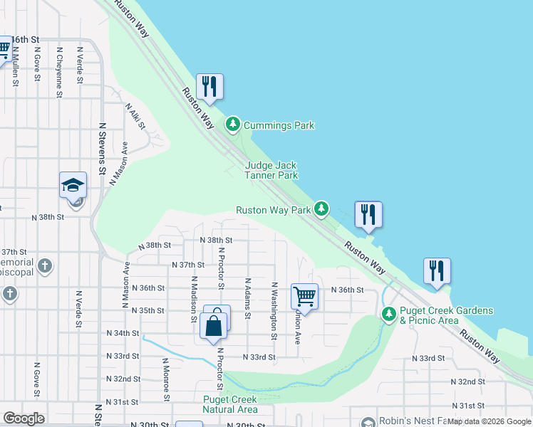 map of restaurants, bars, coffee shops, grocery stores, and more near 3901 North Adams Street in Tacoma