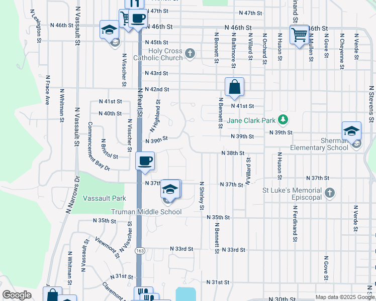 map of restaurants, bars, coffee shops, grocery stores, and more near 3732 North Shirley Street in Tacoma
