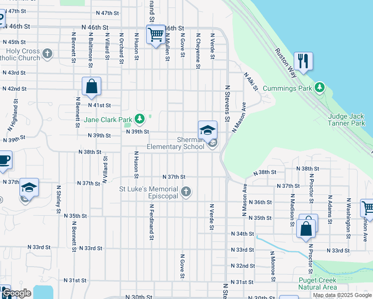 map of restaurants, bars, coffee shops, grocery stores, and more near 4619 North 38th Street in Tacoma