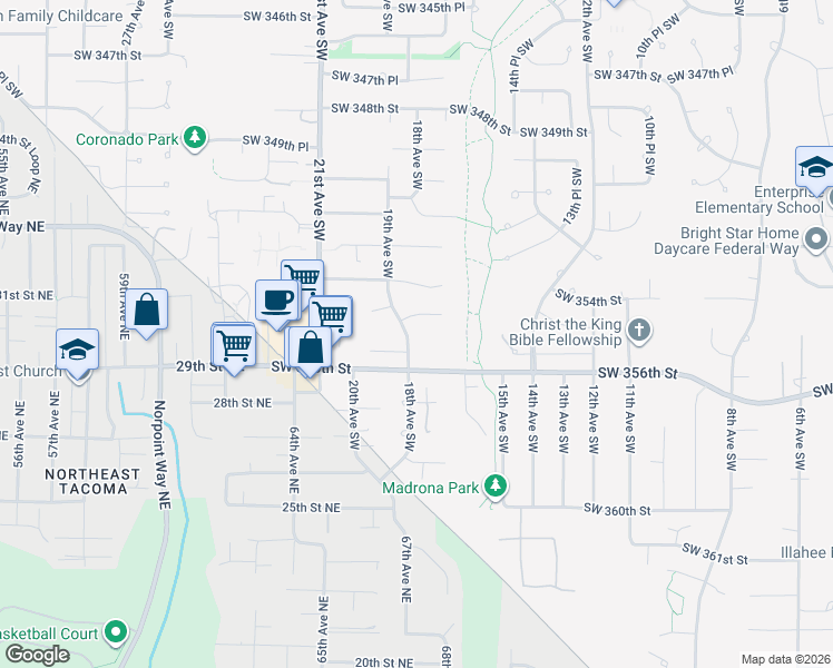 map of restaurants, bars, coffee shops, grocery stores, and more near 1801 Southwest 355th Place in Federal Way