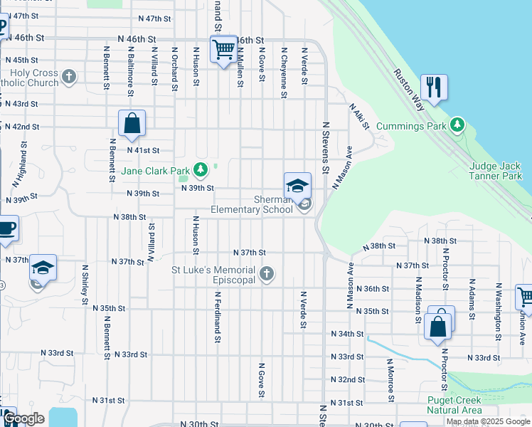 map of restaurants, bars, coffee shops, grocery stores, and more near 4619 North 38th Street in Tacoma