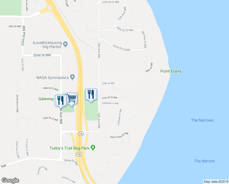 map of restaurants, bars, coffee shops, grocery stores, and more near 1208 27th Street Court Northwest in Gig Harbor